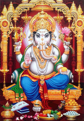 holy god Ganesha hindu white elephant illustration - obrazy, fototapety, plakaty