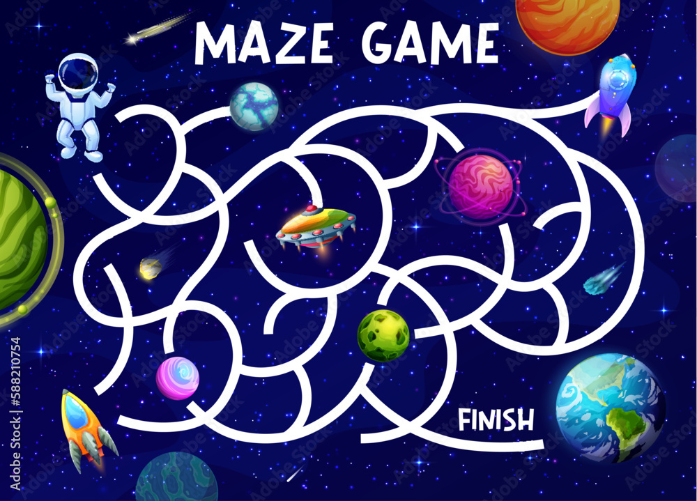 Aufkleber Space labyrinth maze help to astronaut find rocket and Earth planet. Kids game puzzle vector worksheet of cartoon galaxy map with tangled ways from spaceman to planets, UFO, spaceship and asteroid