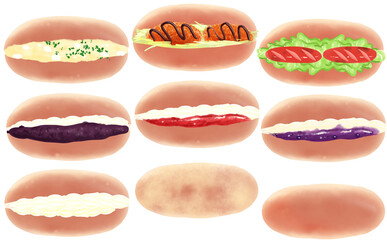 イラスト素材・コッペパン9種セット真上アングル 玉子サンド 白背景 色違い・差分あり