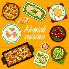 Finnish cuisine menu cover. Salmon casserole, mushroom salad and pea soup, Karelian meat stew Karjalanpaisti, herring potato forshmak and smoked salmon salad, reindeer stew, cream soup Lohikeitto