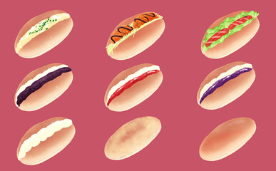 イラスト素材・コッペパン9種セット 餡クリームサンド 赤背景 色違い・差分あり