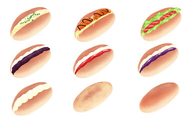 イラスト素材・コッペパン9種セット コロッケサンド 白背景 色違い・差分あり