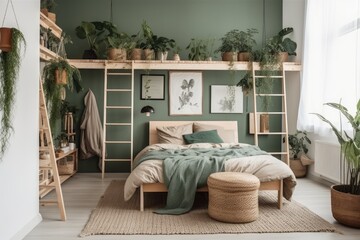 cozy bedroom decorated with green walls and plants on the shelves. Generative AI