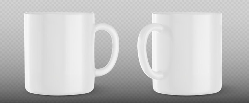 White cup mockup template design. 3d tea or coffee porcelain mug with handle vector mock up. Realistic side view office teacup illustration for corporate branding or advertising with reflection.