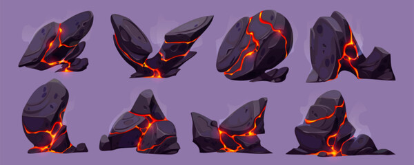 Lava rock with crack and light texture vector volcano set. Fire and magma in broken stone effect with glow game illustration. Black coal object construction for hell geology background. © klyaksun