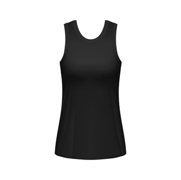 Black women tank top back view isolated 3d vector mockup. Blank clothes, sleeveless tshirt, singlet apparel. Realistic female garment, underwear clothing design, outfit object blank template