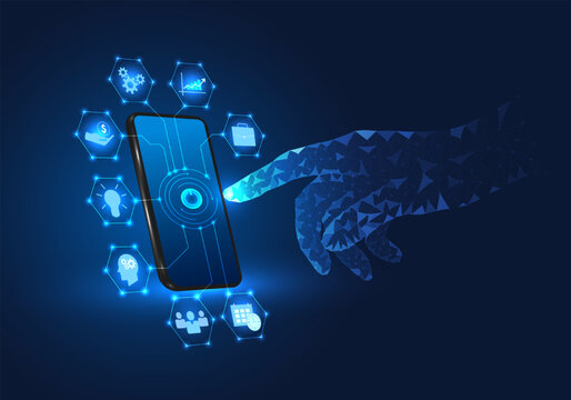 Businessman finger tapping on a smartphone with a business icon Refers to the technology of the future that helps business people manage well. It works through the internet system.