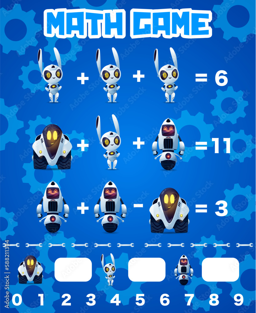 Aufkleber math game worksheet cartoon robot characters. vector mathematics riddle for children education and l