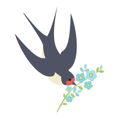 Flying swallow with spring flower. Bird in flight isolated on a white background. Flat vector illustration.