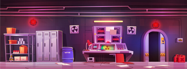 Cartoon bunker with radiation hazard warning. Vector illustration of secret lab with danger alarm signal on computer screen, papers on floor, food and water stocks on shelves. Nuclear accident threat