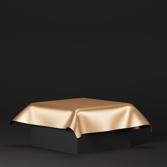 Black geometric pedestal podium with luxury golden circle backdrop an pillar  . abstract studio room . Minimal scene for cosmetic products. Promotion , Showcase display. 3D rendering