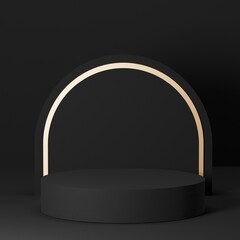Black geometric pedestal podium with luxury golden circle backdrop an pillar  . abstract studio room . Minimal scene for cosmetic products. Promotion , Showcase display. 3D rendering
