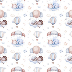 Watercolor newborn baby boy seamless pattern babies boy. Birthday blue background teepee new born baby and pregrand women