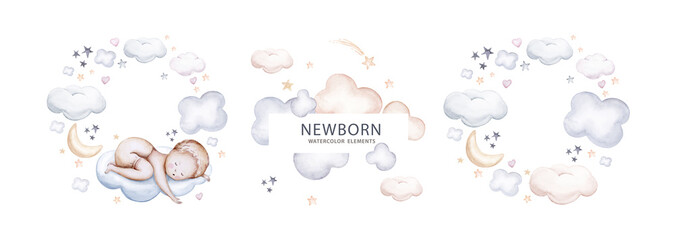 Watercolor newborn Baby Shower greeting card with babies boy. Birthday set of new born baby and pregrand women invitation. - 588213557