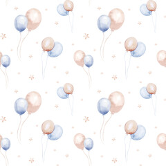 Obraz premium Watercolor newborn baby boy seamless pattern babies boy. Birthday blue background teepee new born baby and pregrand women