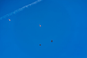 Fighters Northrop F-5E Tiger II of air display team Patrouille Swiss of Swiss Air Force up in the sky on a sunny day. Photo taken March 22nd, 2023, Emmen, Switzerland.