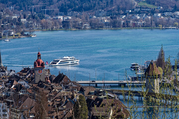 Aerial view of famous Swiss City of Luzern with Reuss River, Chapel Bridge, Lake Lucerne and the...