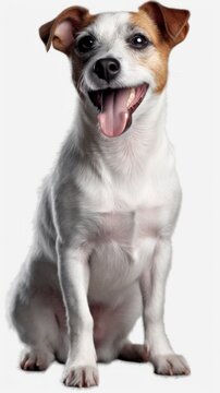 Photo of a tan and white dog sitting on a white studio backdrop created with Generative AI technology