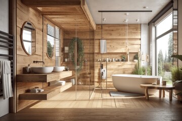 Fototapeta na wymiar Illustration of bathroom interior with bathtub, sink, and mirror. Generative AI