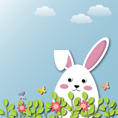 White rabbit shape like egg with flower and clouds on blue sky background. Holiday illustration for greeting card of Happy Easter’s Day or spring. copy space for the text. paper cut design style.
