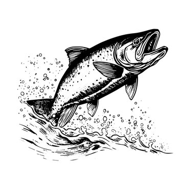 salmon jumping out of water vintage retro line engrave style vector. salmon fish vintage retro line engrave style vector. salmon fish vintage retro line engrave style vector isolated black and white