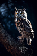 eagle owl in tree branch at night