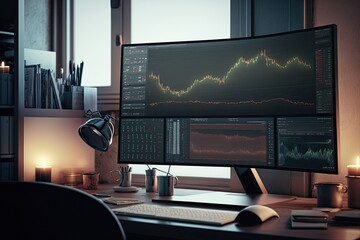 Trader workplace, Computer monitors with stock market charts, Economic crash, Bullish and Bearish Market, Generative AI Digital Illustration