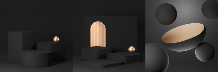 Set of black geometric pedestal podium with luxury circle backdrop an pillar  . abstract studio room . Minimal scene for cosmetic products. Promotion , Showcase display. 3D rendering