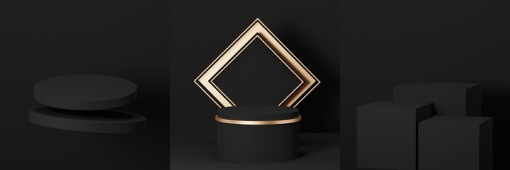 Set of black geometric pedestal podium with luxury circle backdrop an pillar  . abstract studio room . Minimal scene for cosmetic products. Promotion , Showcase display. 3D rendering