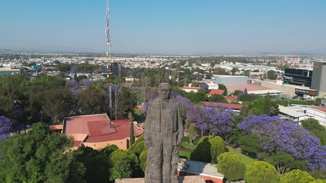 Queretaro, Mexico, 23 03 25, monument to Benito Juarez on top of cerro de las campanas during spring at sunset, aerial view with blue sky