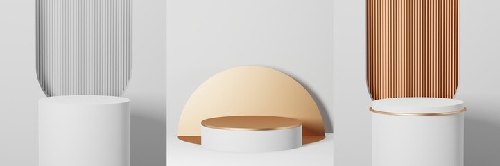 Set of white and Gold geometric pedestal podium with Minimal circle backdrop an pillar  . abstract studio room . Minimal scene for cosmetic products. Promotion , Showcase display. 3D rendering