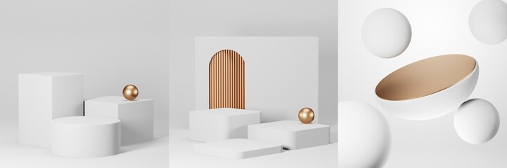 Set of white and Gold geometric pedestal podium with Minimal circle backdrop an pillar  . abstract studio room . Minimal scene for cosmetic products. Promotion , Showcase display. 3D rendering