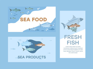 Fish and seafood banners or cards collection flat vector illustration.