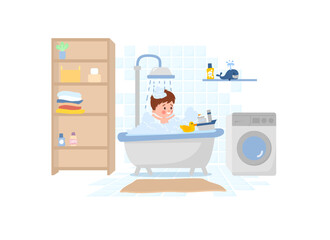 Cute little boy taking foamy bath, cartoon flat vector illustration isolated on white background.