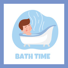 Squared banner with kid boy taking bath flat style, vector illustration