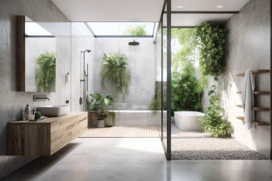 modern bathroom with a bathtub, sink, and plant wall decor. Generative AI
