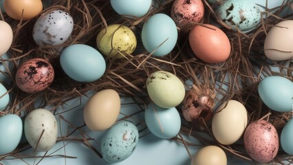 Colorful eggs in pastel colors on a blue background top view. Easter holiday, flat lay banner. AI.