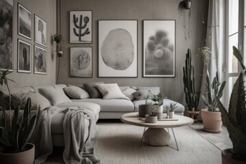 cozy living room adorned with lush green plants and personal photographs. Generative AI