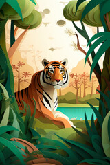 Bengal tiger in its natural habitat, with the kirigami card paper art creating the grasslands and trees in the background. The tiger is shown in a relaxed pose.