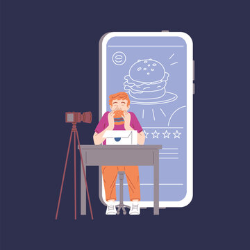 Food critic or food blogger eats behind camera, vector illustration isolated.