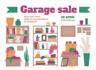 Garage sale advertising banner, flat vector illustration on white background.
