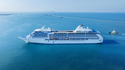 Cruise Ship, Cruise Liners beautiful white cruise ship above luxury cruise in the ocean sea at early in the morning time concept exclusive tourism travel on holiday take a vacation time on summer