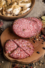 Sliced salami using beef meat with spices