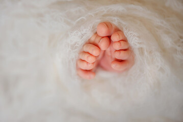 Newborn baby. Longevity baby. Portrait of a newborn. Heels of a newborn baby. Son. Daughter. Little fingers of a newborn