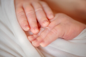 Newborn baby. Longevity baby. Portrait of a newborn. Hands and little fingers of a newborn baby. Son. Daughter. Family. Tenderness. Love