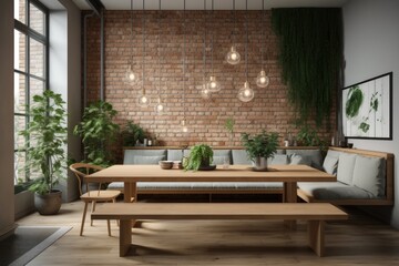 cozy living room with brick accent wall and wooden coffee table. Generative AI