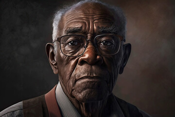 Portrait of a dark-skinned pensioner looking sadly into the camera against the background of a bright room. AI Generated
