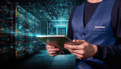 Businessman using artificial intelligence (A.i) connected network of big data digital Digital system for transferring documents. files receiver backup copy. information data internet cloud technology.