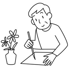 花の絵を描くシニア男性の上半身