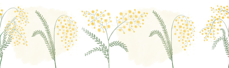 Watercolor border of yellow flowers on a white
background. Hand drawn illustration, print design.